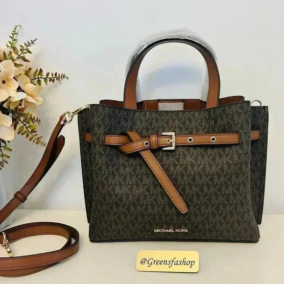 Michael Kors Emilia Small Satchel Crossbody Bag Brown MK Signature - Picture 1 of 10